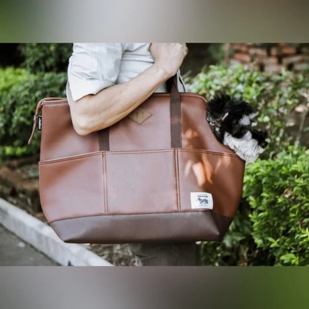 Tailfour Dog Bag Carrier Brown Leather with External Pockets and Handles
